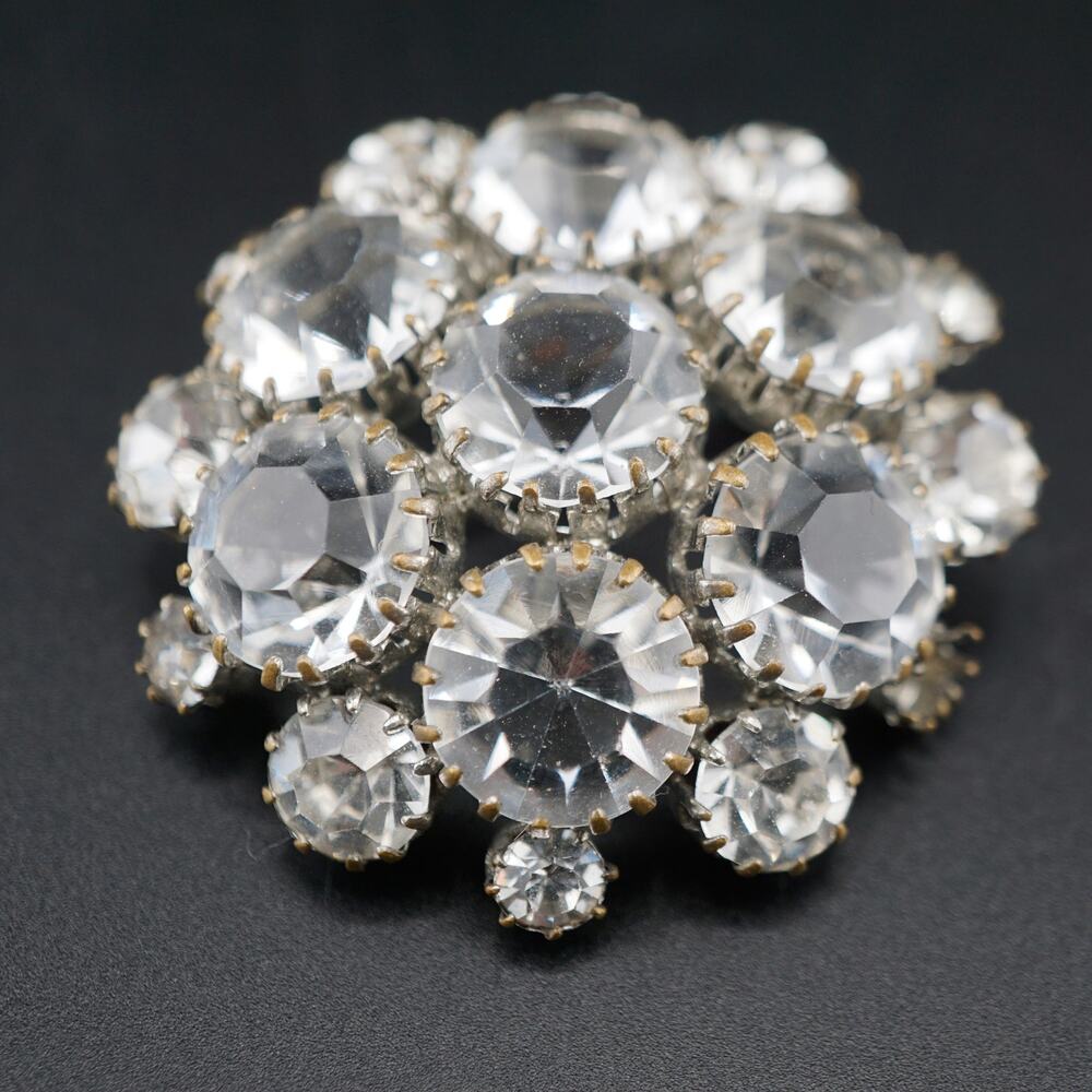 Vintage Clear Rhinestone Dome Cluster Brooch Silver Tone Pin Statement Retro MCM